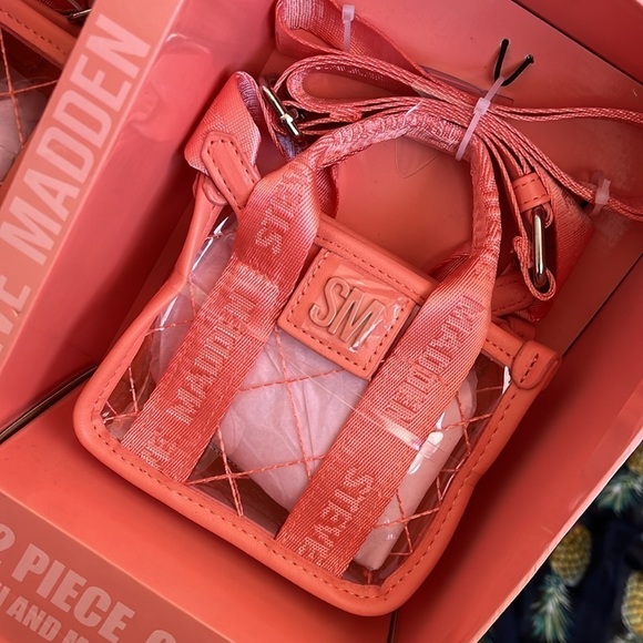 Brand New Steve Madden 2-Piece Set Mini & Micro Crossbody Purse Clear Coral - Picture 12 of 14